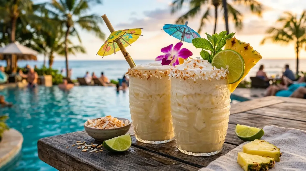 Mocktail tropical de abacaxi com coco e limão