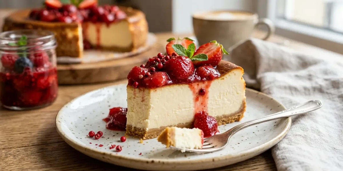 Cheesecake Cremoso com Cobertura de Compota de Morango com Pimenta-Rosa | Receita Gourmet e Sofisticada